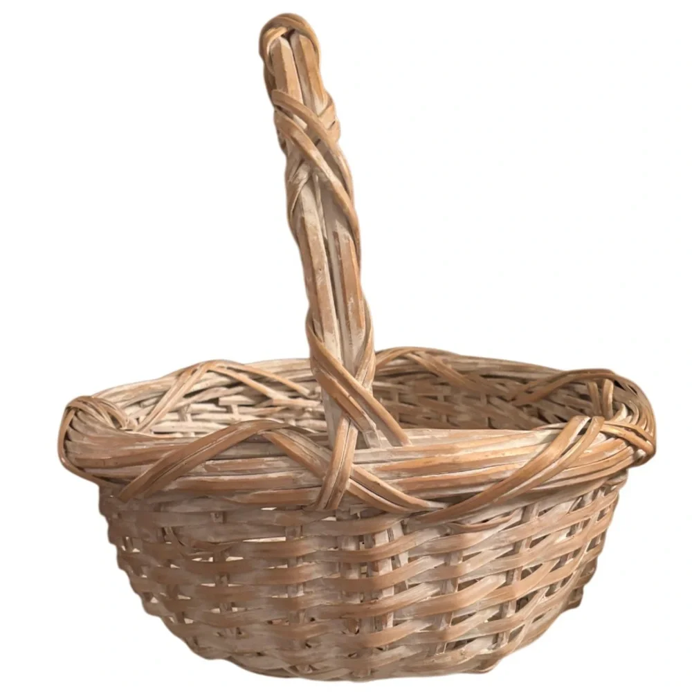Hand Woven Gathering Basket Handcrafted Whitewashed Farmhouse Cottage Home Decor